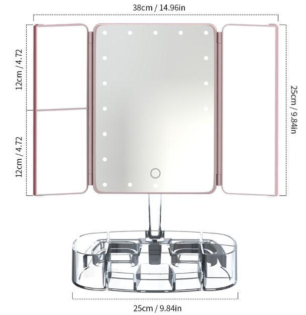 Three-sided Foldable Magnifying Desktop Makeup Mirror With Lamp